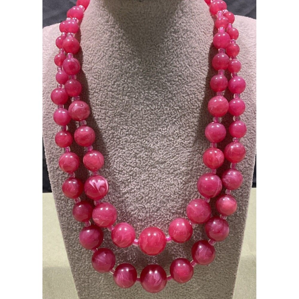 Vintage 1950s Mid-Century Pink Marbled Lucite Double Strand Beaded Necklace Adj.